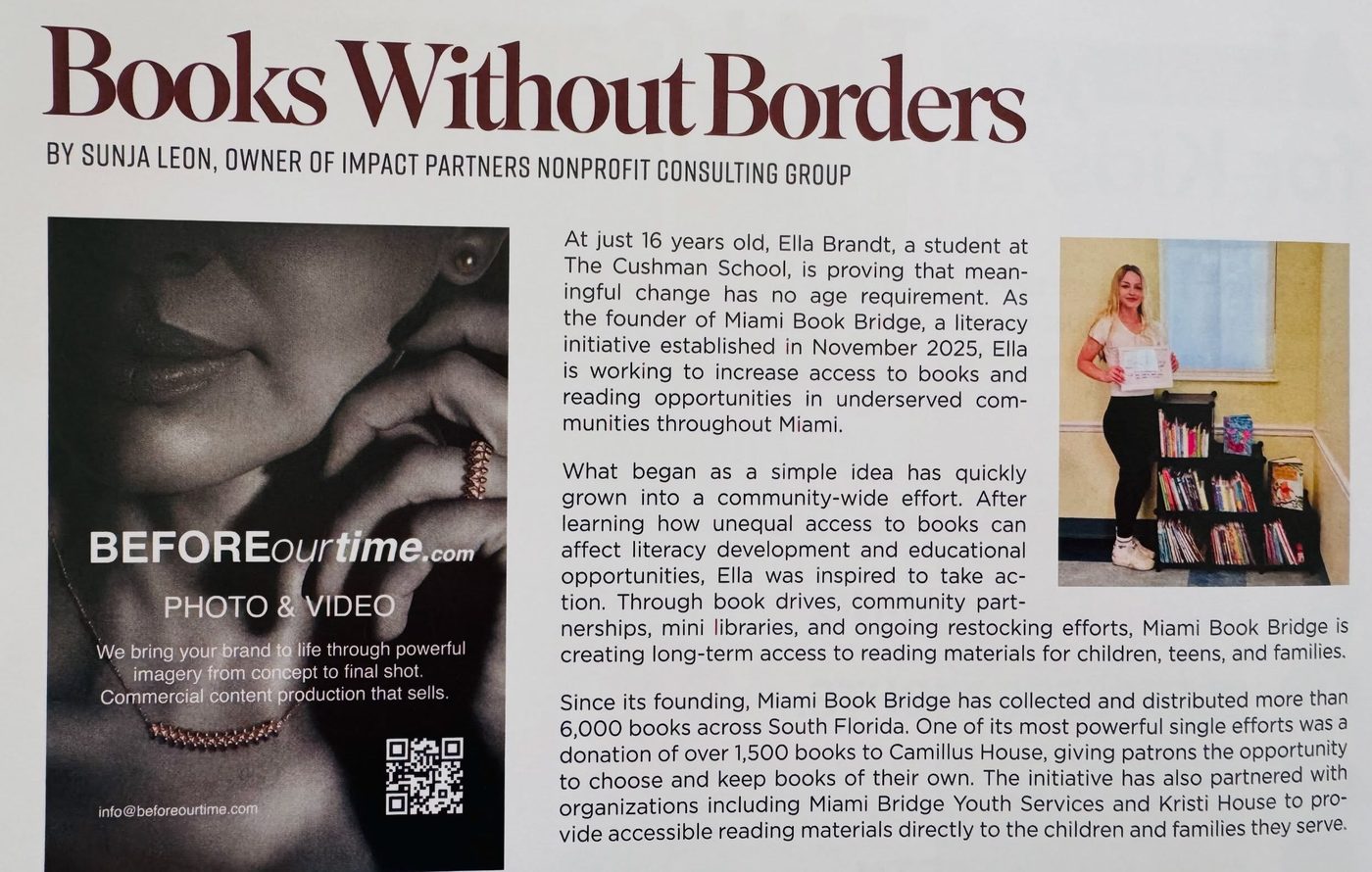 Printed magazine feature page about Ella Brandt and Miami Book Bridge